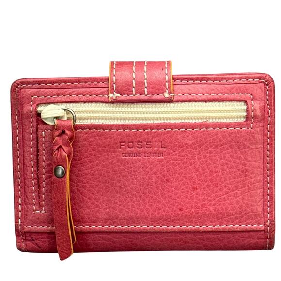 Fossil Pink Pebbled Leather Orange Trim Stitching Snap Closure Wallet - Picture 4 of 7